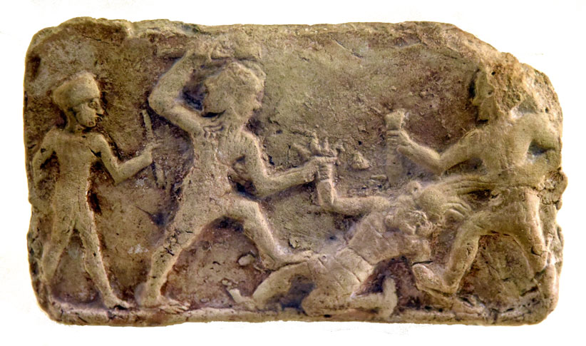 Relief aus dem 19. Jahrhundert vor Christus:
                  Ttung Humbabas durch Gilgamesch und Enkidu